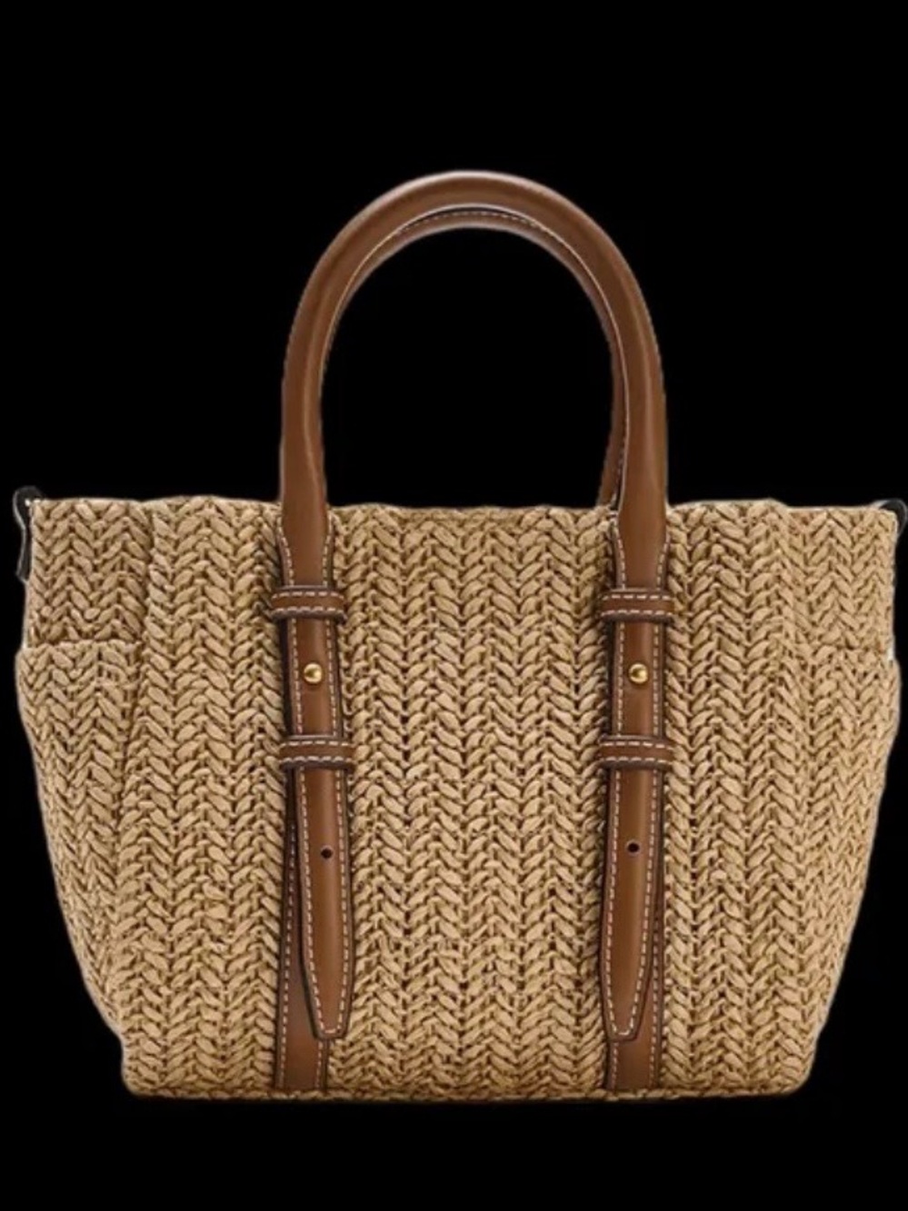 Zara Crossbody Woven Straw Tote Bag with Brown Faux Leather Handles NWT - Picture 2 of 7